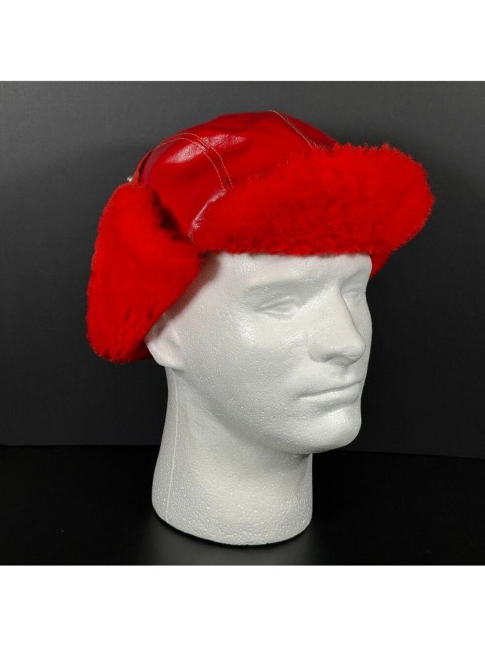 Vintage 60s 70s Dupont Dacron WARMWEAR Hat Trapper Snap Red Faux Leather Fur LG